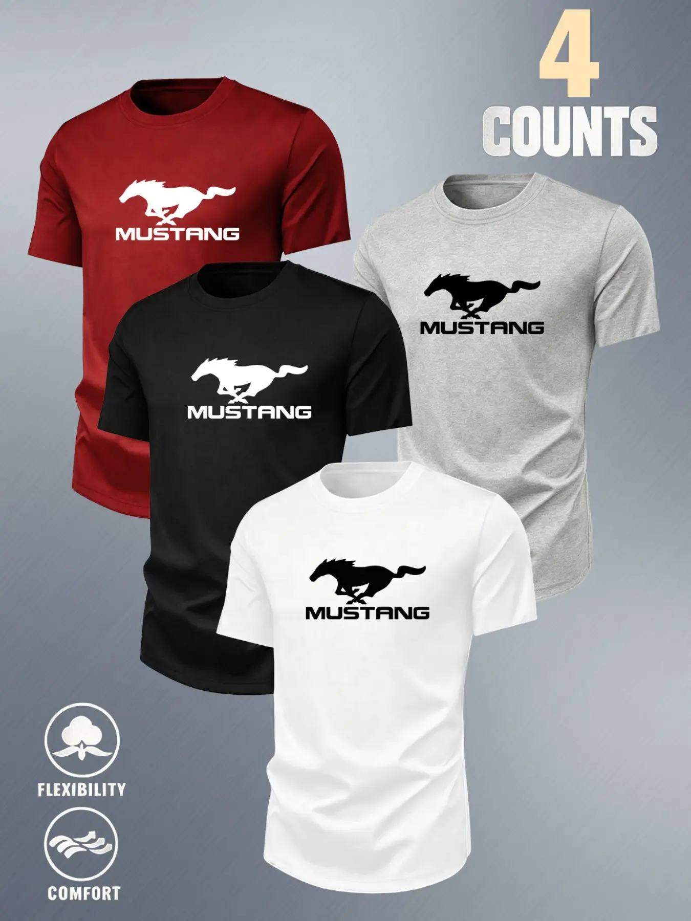 Men's Horse Pattern Sporty Crop T-Shirts, Breathable Loose-Fit Casual Tees, Four-Pack Multi-Color Options, Ideal for All Seasons