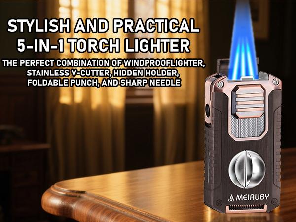 5-in-1 Butane Torch Lighter, Refillable Jet Flame Lighter with V-Cutter, Punch, Holder and Draw Tool, Multi-Functional Accessories Gift for Men, Dad, Husband, Friend