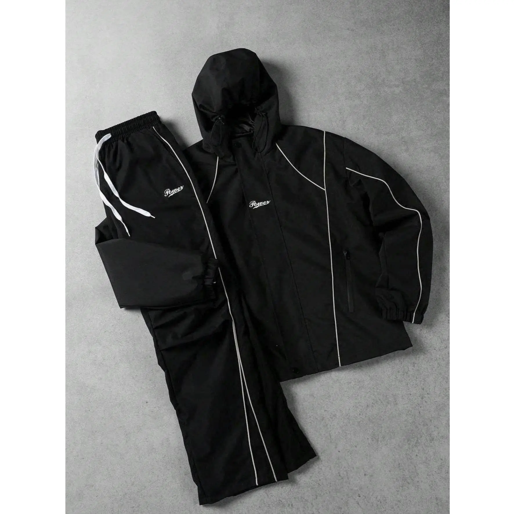 Men's 2-Piece Black Techwear Tracksuit Set - Fitted Cut, Y2K Reflective Piping Hooded Jacket & Pants, Techwear Edge, Mens Fashion Drip Clothing