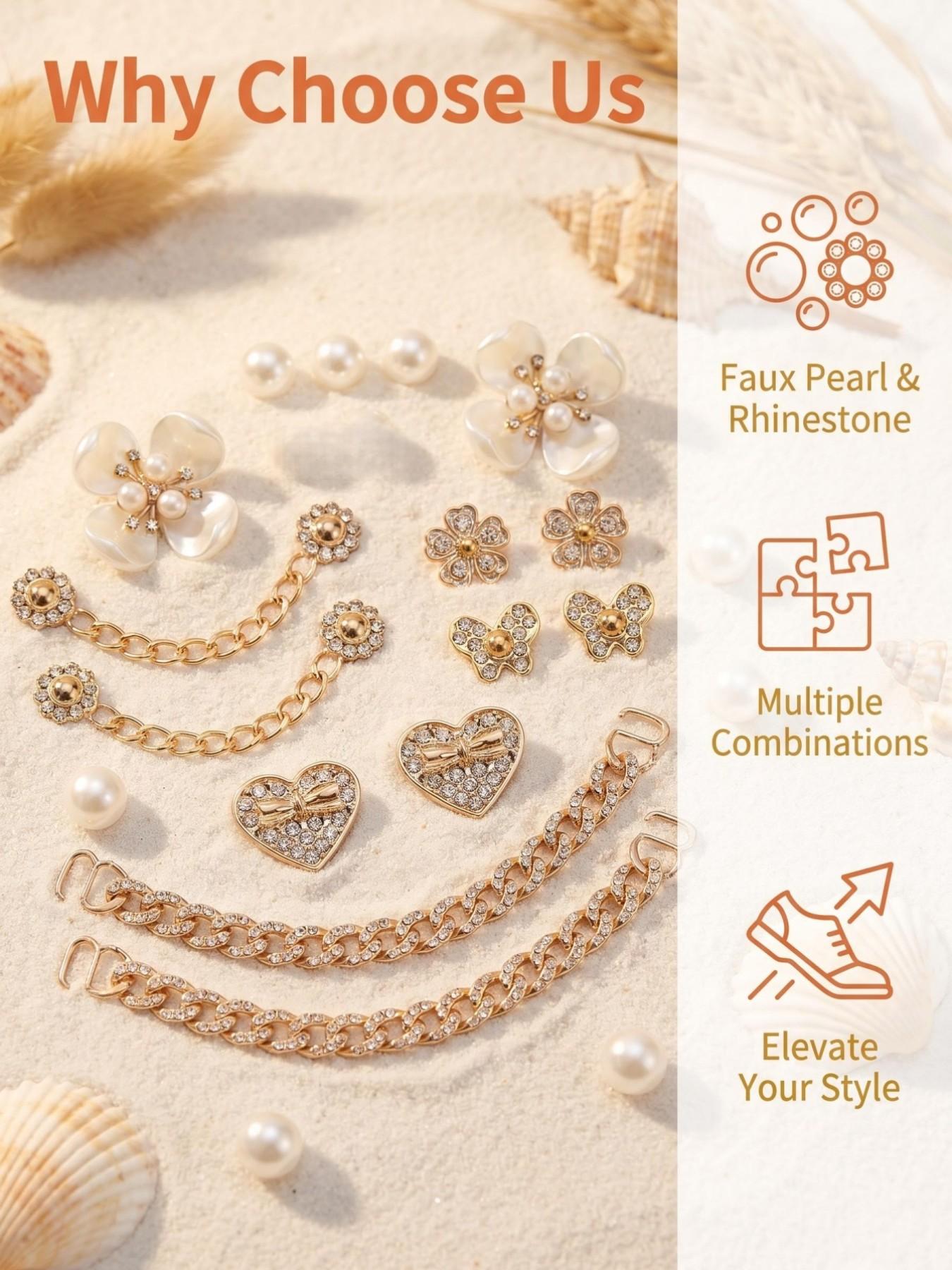 Alone Luna 18/20pcs Bling Shoe Charms, Crystal Rhinestone Decor, Cute Party Birthday Accessory, Beach Travel Footwear Decoration