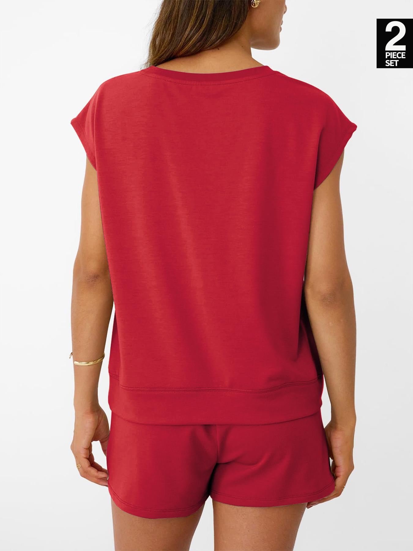 Women's Solid Curved Hem Tee & Drawstring Waist Shorts Set, Casual Cap Sleeve T-shirt & Pocket Shorts, Ladies Sleepwear for Summer, Loungewear Pajama Set