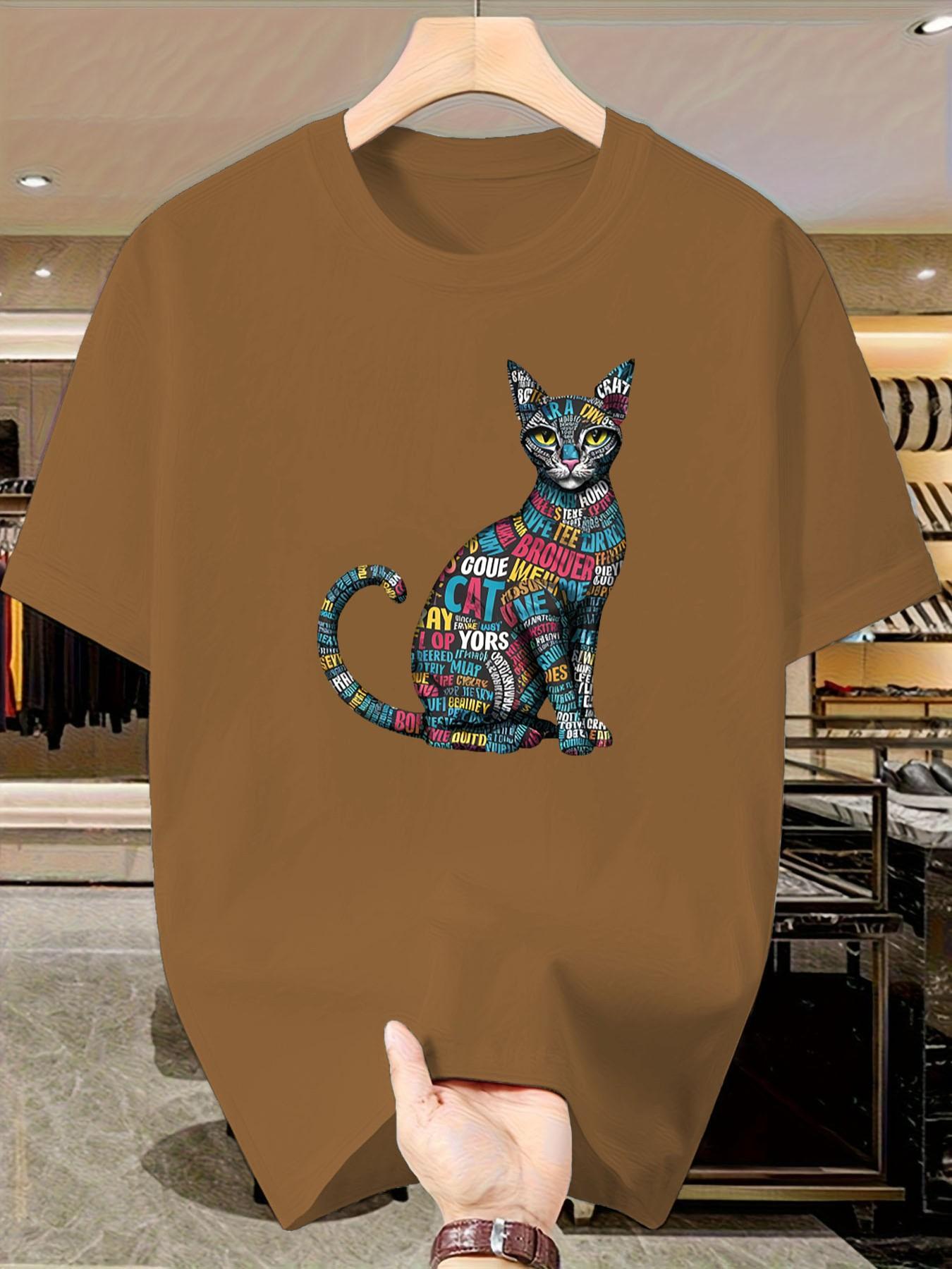 Artistic Word Puzzle Cat Short Sleeve T-Shirt, Summer Slim Fit Casual Top, Boys' Fashionable Tee, Unique Design, Cool Look