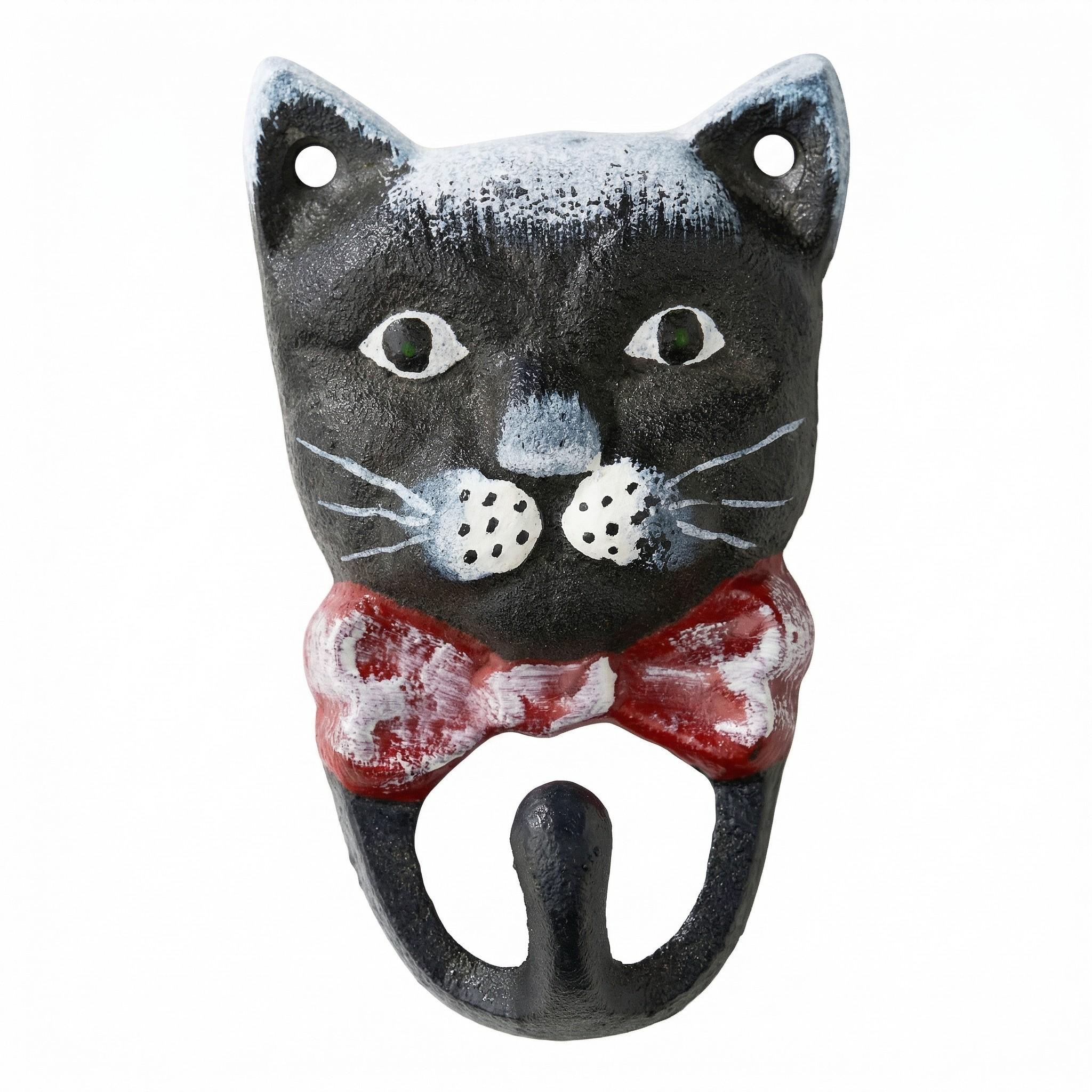 Vintage Cast Iron Cat Hook, Entryway Key Holder, Cute Bow Tie Cat Decorative Coat Hanger, Pet Leash Hanging Hook