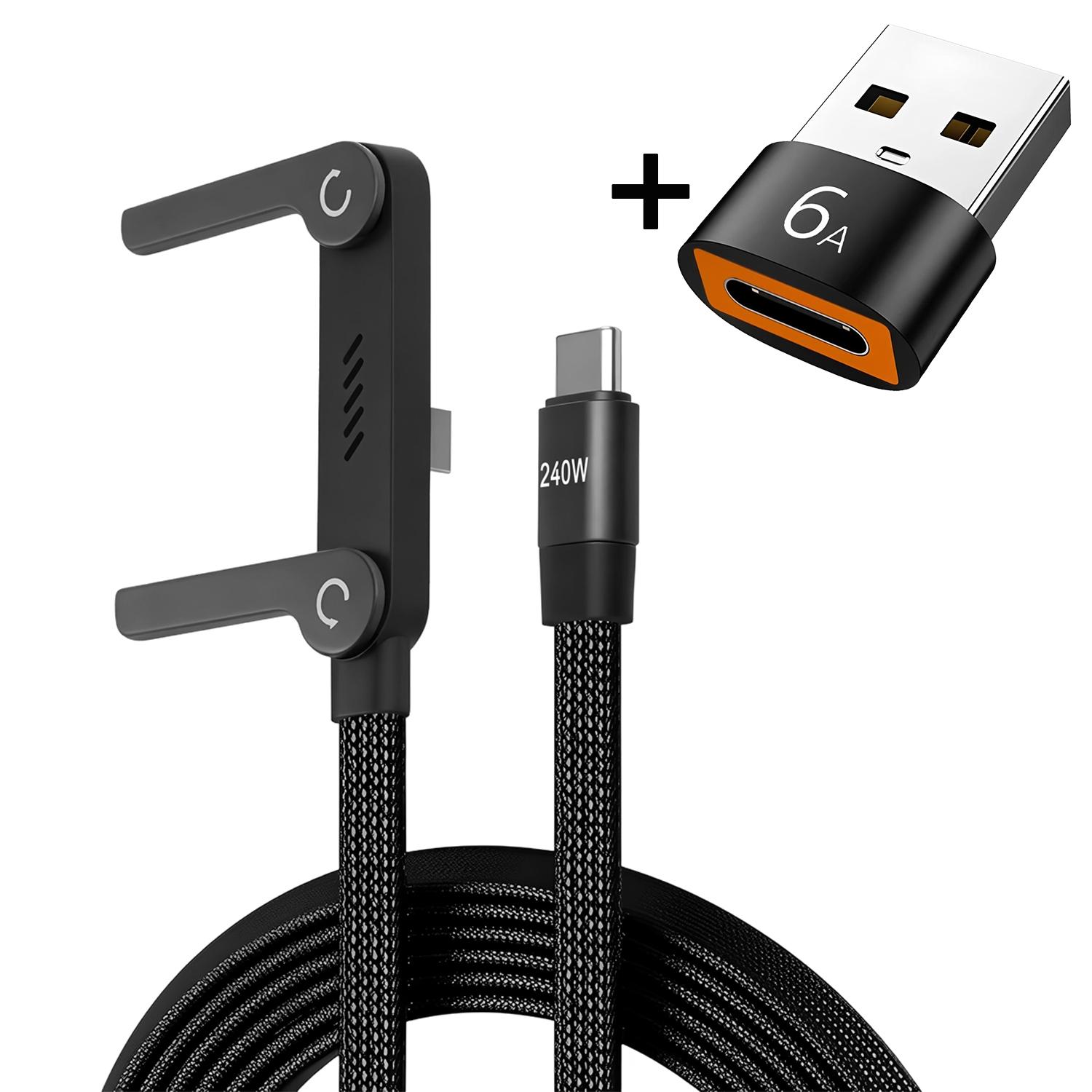 USB Type C Flat Charging Cable with Invisible 360° Rotating Phone Stand, Foldable Phone Holder, 240w Fast Charger