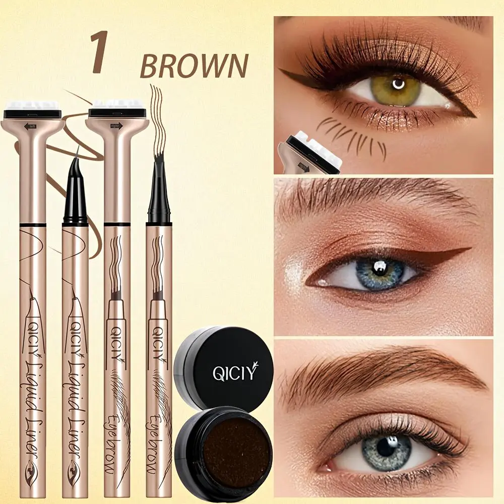 3-piece set - Long-lasting eyelash stamp pen, Eyebrow Pencil, liquid eyeliner Pen; Two-color eyelash stamp and ink cartridge; Black or brown eye makeup set; Sweat and smudging resistant; Perfect gift Makeup Gift Sets