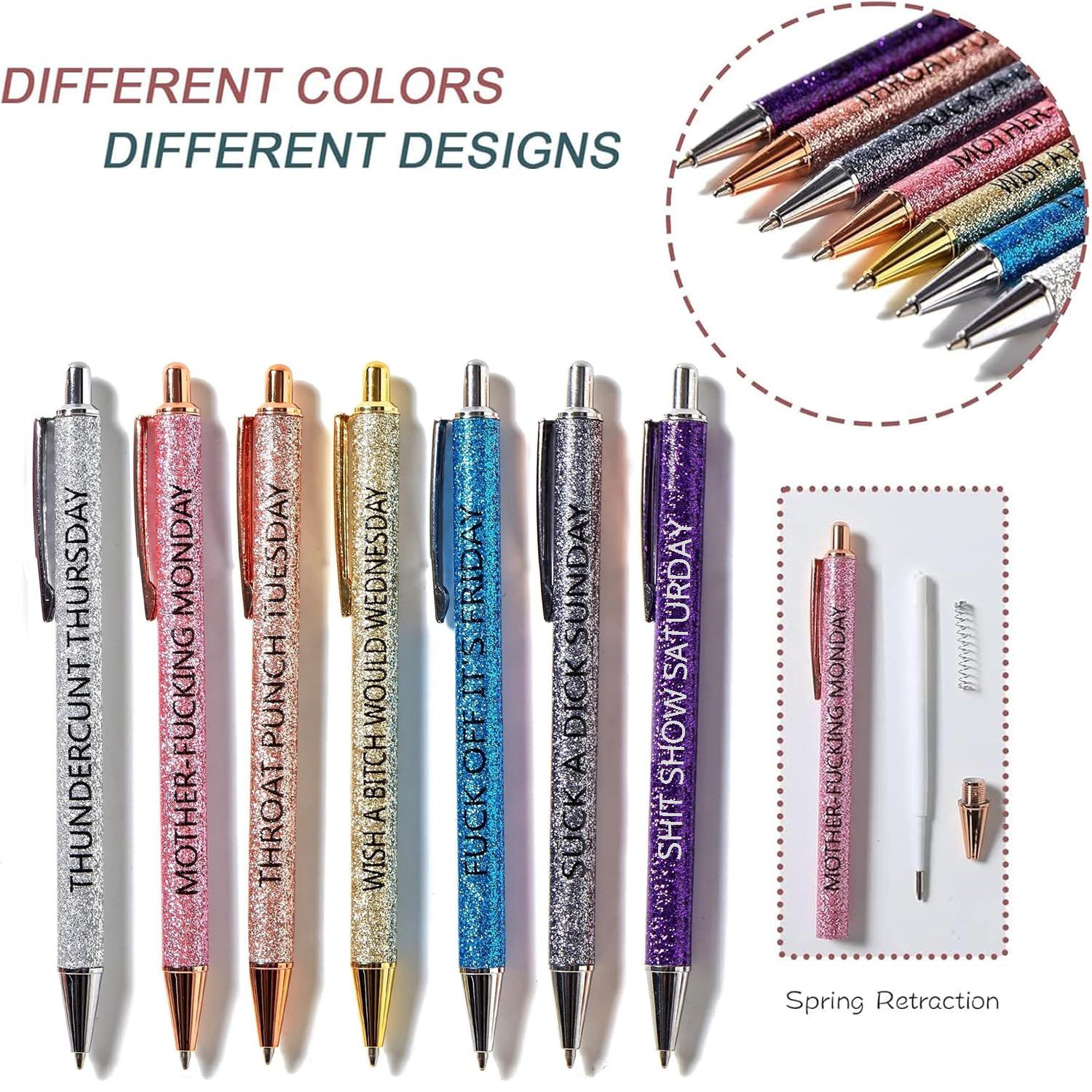 7-Piece Funny Pens for Adults, Office Pens with Sayings for Each Day of the Week, Weekday Glitter Ballpoint Pen Set, Inspirational Gift for Colleagues, Multi-Colored, High Quality