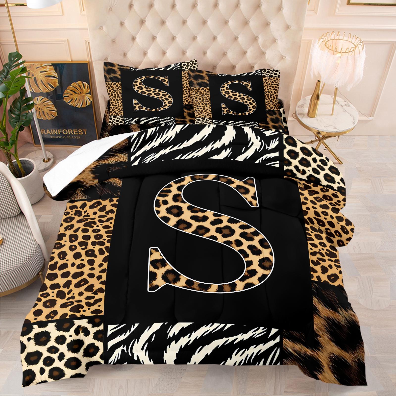 Wild Patchwork First Letter Print Comforter Set & 1-2 Pillowcases No Core, Leopard Print Letters A-Z, Zebra, Hair Texture Collage Pattern, Soft Warm Bedding, Wild Sexy Bedroom Decor, Ideal Gift Choice