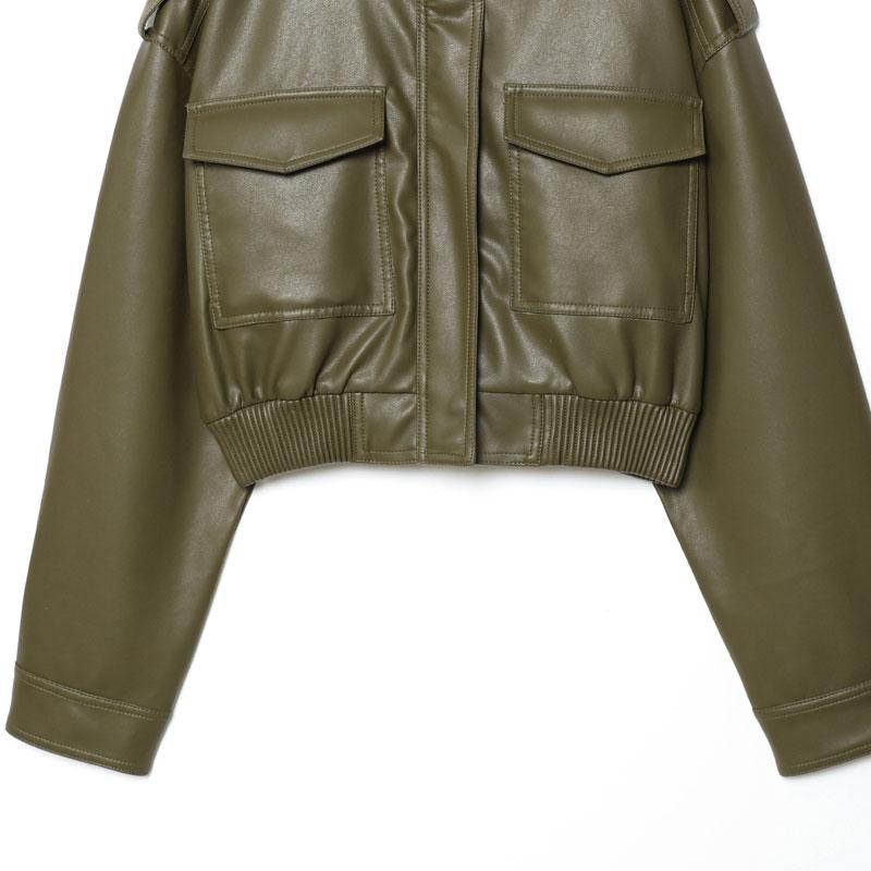 Women's Olive Green Faux Leather Bomber Moto Jacket with Stand Collar and Flap Pockets, Short Layered Streetwear Outerwear