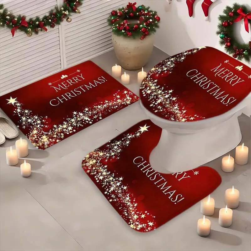 1/4pcs Christmas Holiday Theme Shower Curtain Set, Tree Design, Includes Bath Mat, Toilet Seat Cover, U-Shaped Pad, Perfect Gift, 12 Hooks Included, Bathroom Decoration Accessories