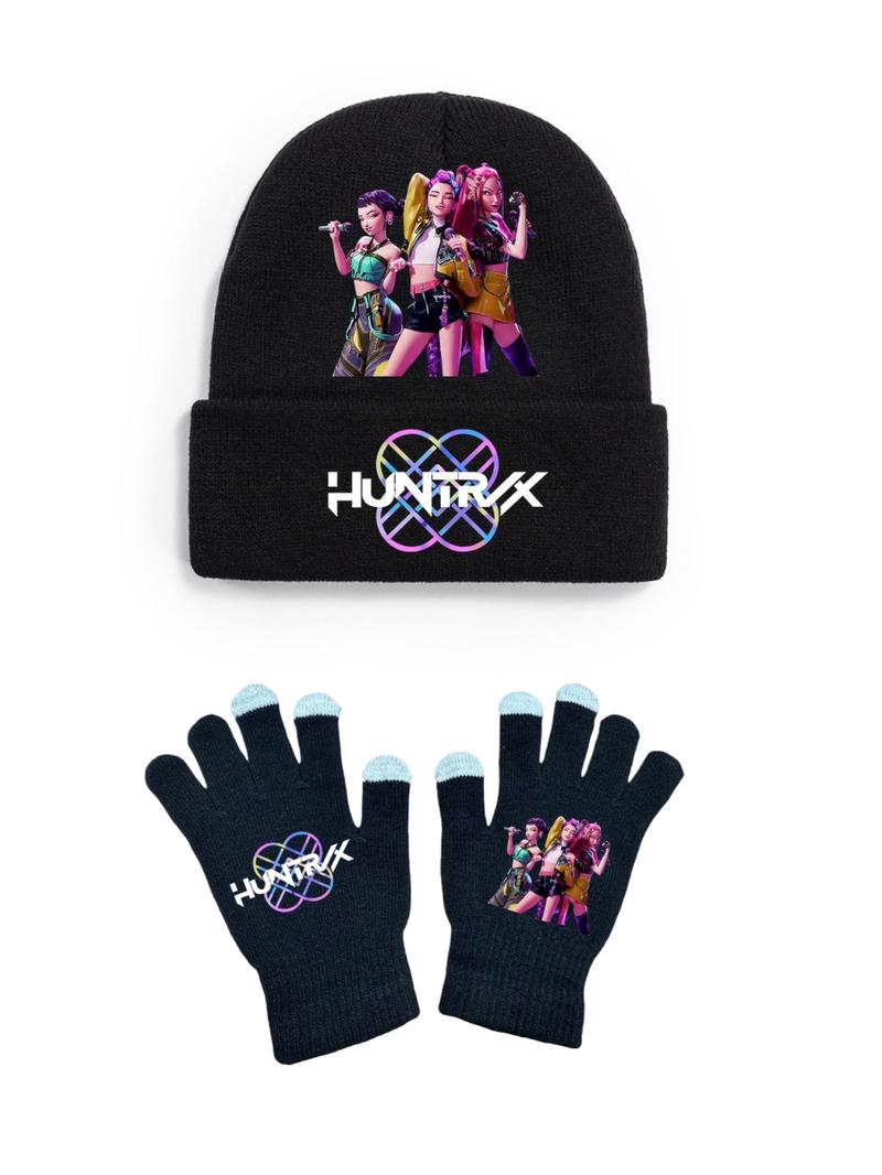 Fashionable Hat & Glove Set for Autumn Winter, Creative Anime Girl Kpop Hunter Series, Unisex Knitted Cap, Christmas Gift Idea