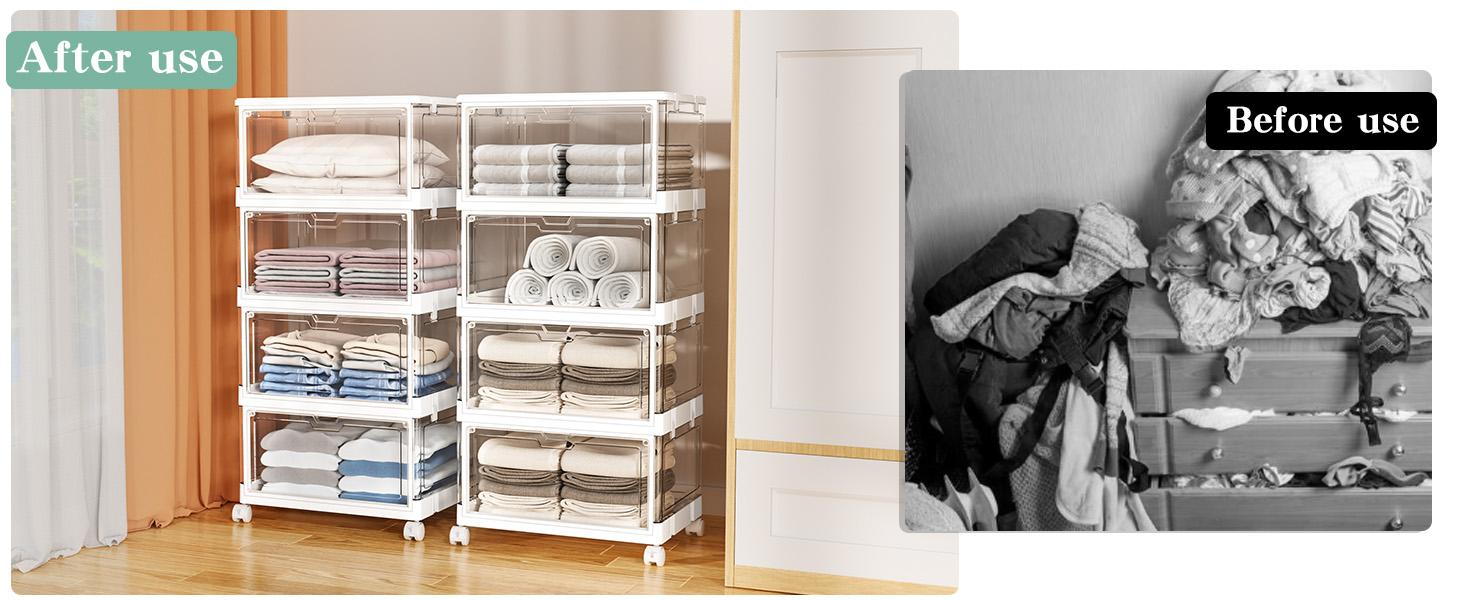 Clear Storage Bins with Lids,24QT Organizer Stackable, and foldable with magnetic doors for easy access.  Perfect for clothes, toys, books.