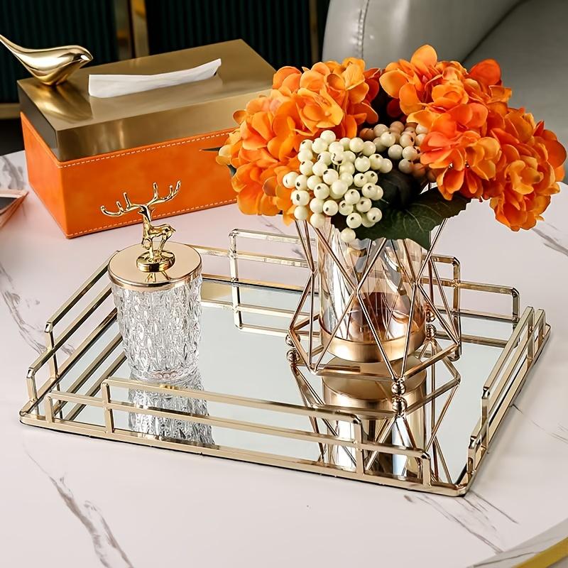 Light luxury ornament iron wire tray, household storage tray, tea table, living room desktop rectangular decoration tea tray black tray, glass plate metal tray decoration