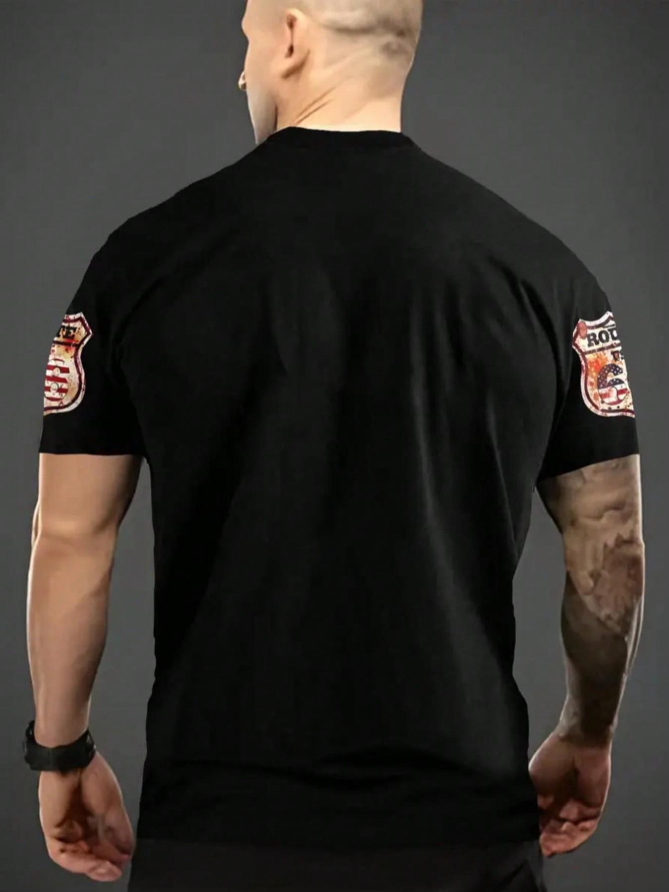 Men's Usa Flag Print T-Shirt, Casual Top, Patriotic Eagle and Flag Badge, Sporty Slim-Fit Design