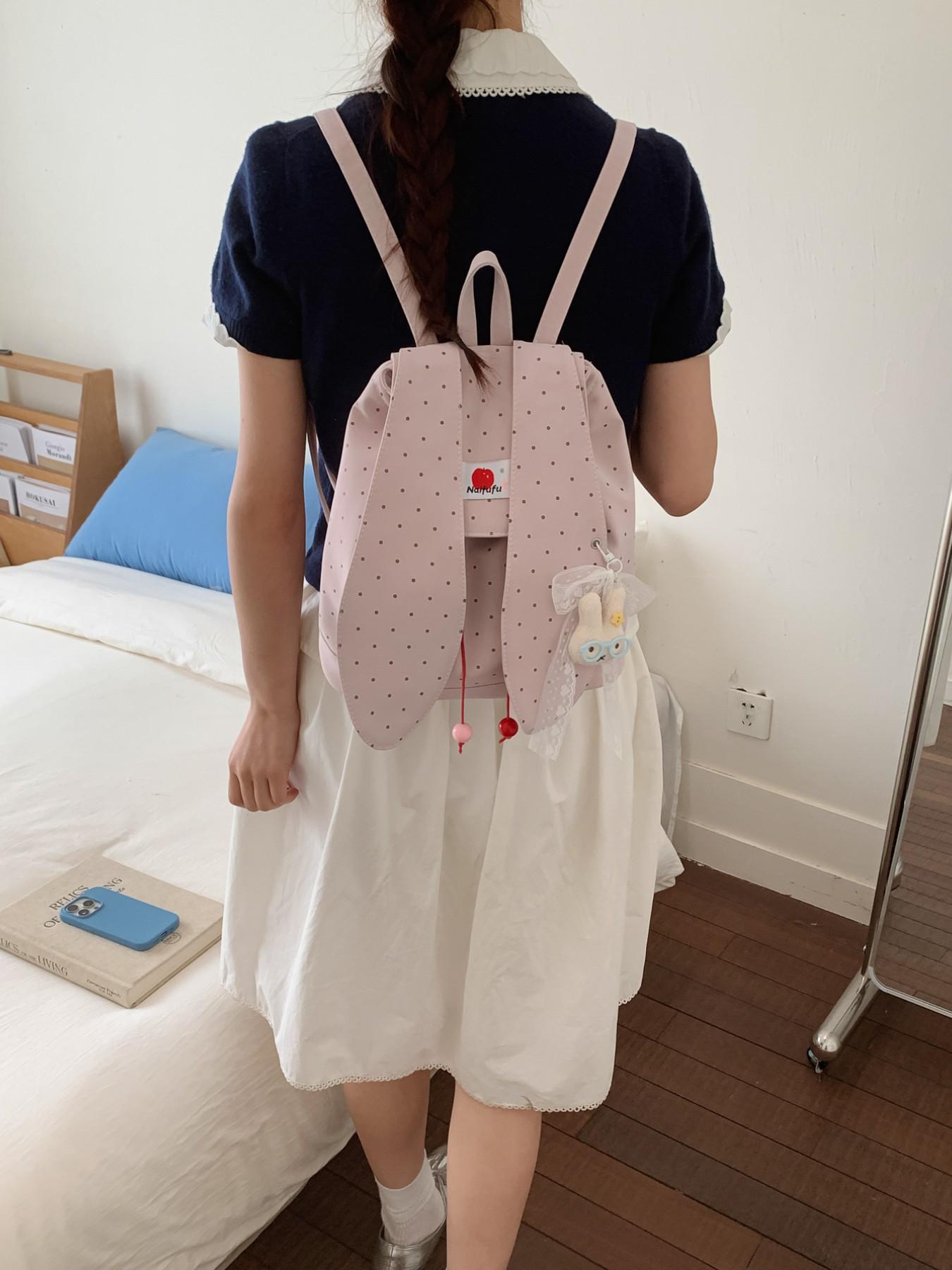 New Rabbit Ears Polka Dot Backpack, Cute Korean Style Student Bag, Large Capacity Commuter Backpack, Soft Adorable Bunny Shoulder Bag