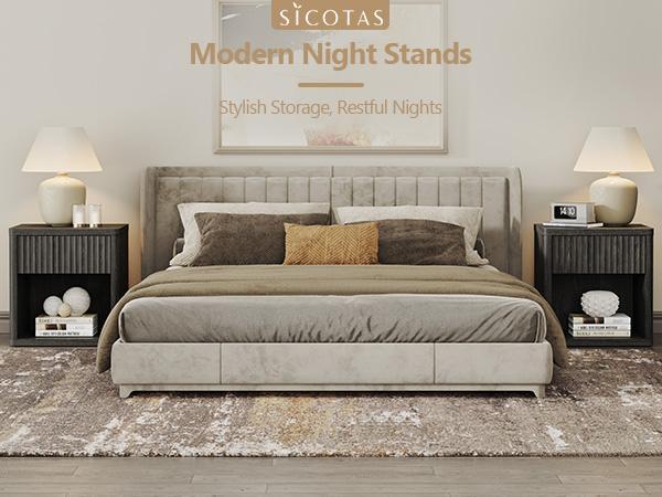 SICOTAS Nightstand Set of 2 with Drawer, Modern Wide Bedside Table for Bedroom, 22.7 x 15.4 x 24.1 Size Mid-Century End Table with Storage, Sturdy Night Stand for Sofa, Couch, Living Room, Office