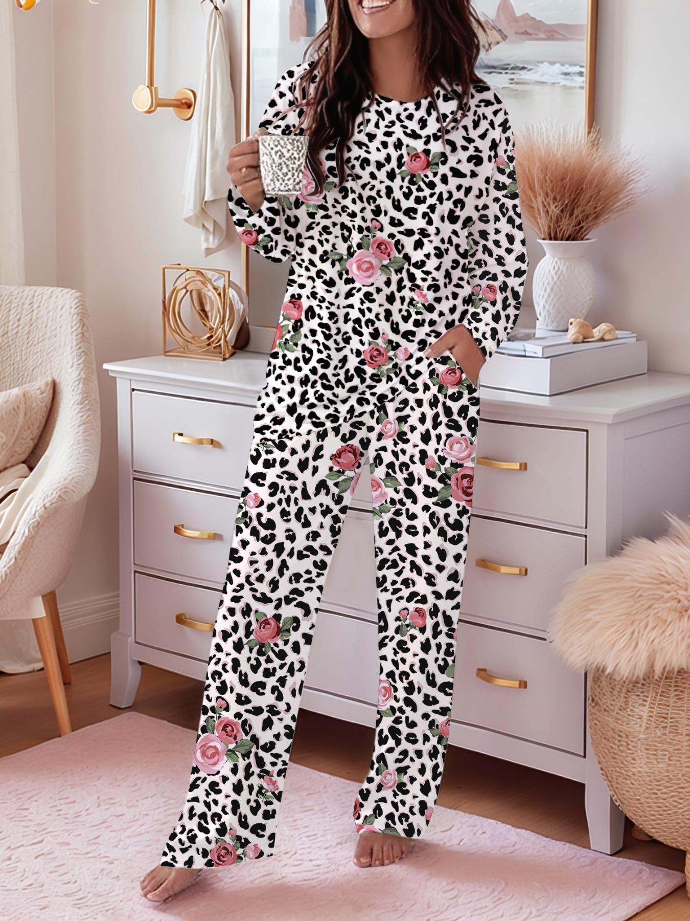 Women's Casual Printed Round Neck Long Sleeve Top & Gradient Print Pants Set, Soft Comfortable Home Wear Loungewear, All Seasons Fitted