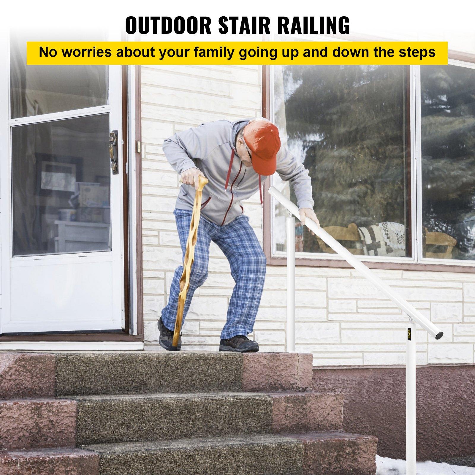 VEVOR Adjustable Aluminum Outdoor Stair Safety Rail Kit, 5 FT Angle-Adjustable Handrail for 0-5 Steps, White Safety Rail for the Elderly