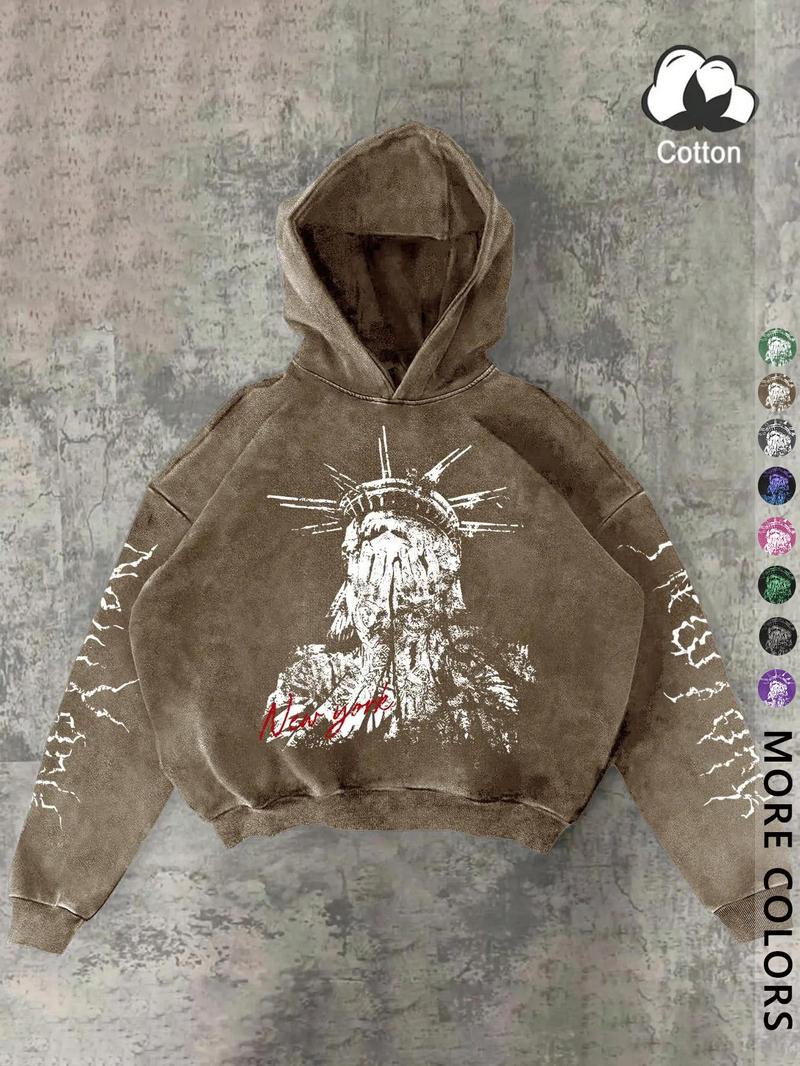 Unisex Streetwear Graphic Hoodie, New York Statue of Liberty & Gothic Symbols, Fall Winter Fitted Cotton Pullover, Casual Y2K Style