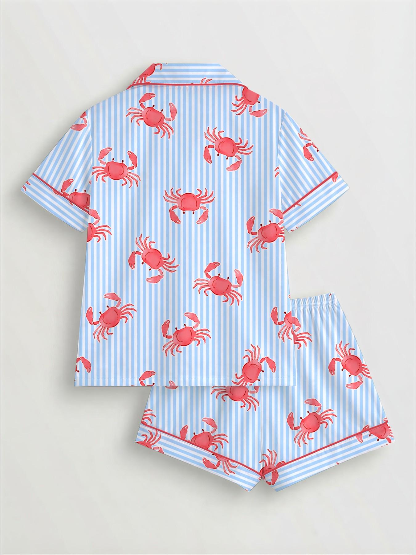 Women's 2-Piece Crab Print Pajama Set, Short-Sleeve Button-Up Top & Elastic Shorts, Casual All-Season Sleepwear, Homewear and Loungewear Set for Home and Party