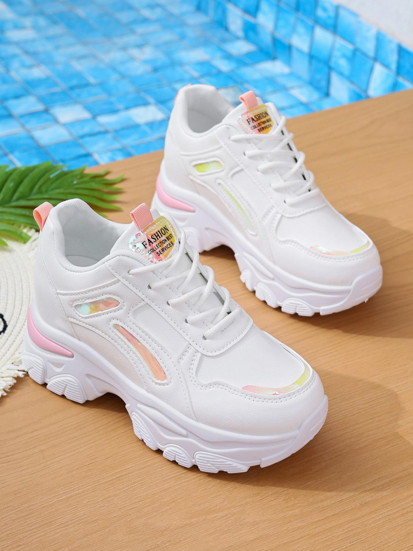 Women's Colorblock Chunky Sneakers | White Pink Casual Platform Shoes | Comfortable Breathable Height Increasing Trainers for Ladies | Trendy OOTD Streetwear Sneakers for Four Seasons.