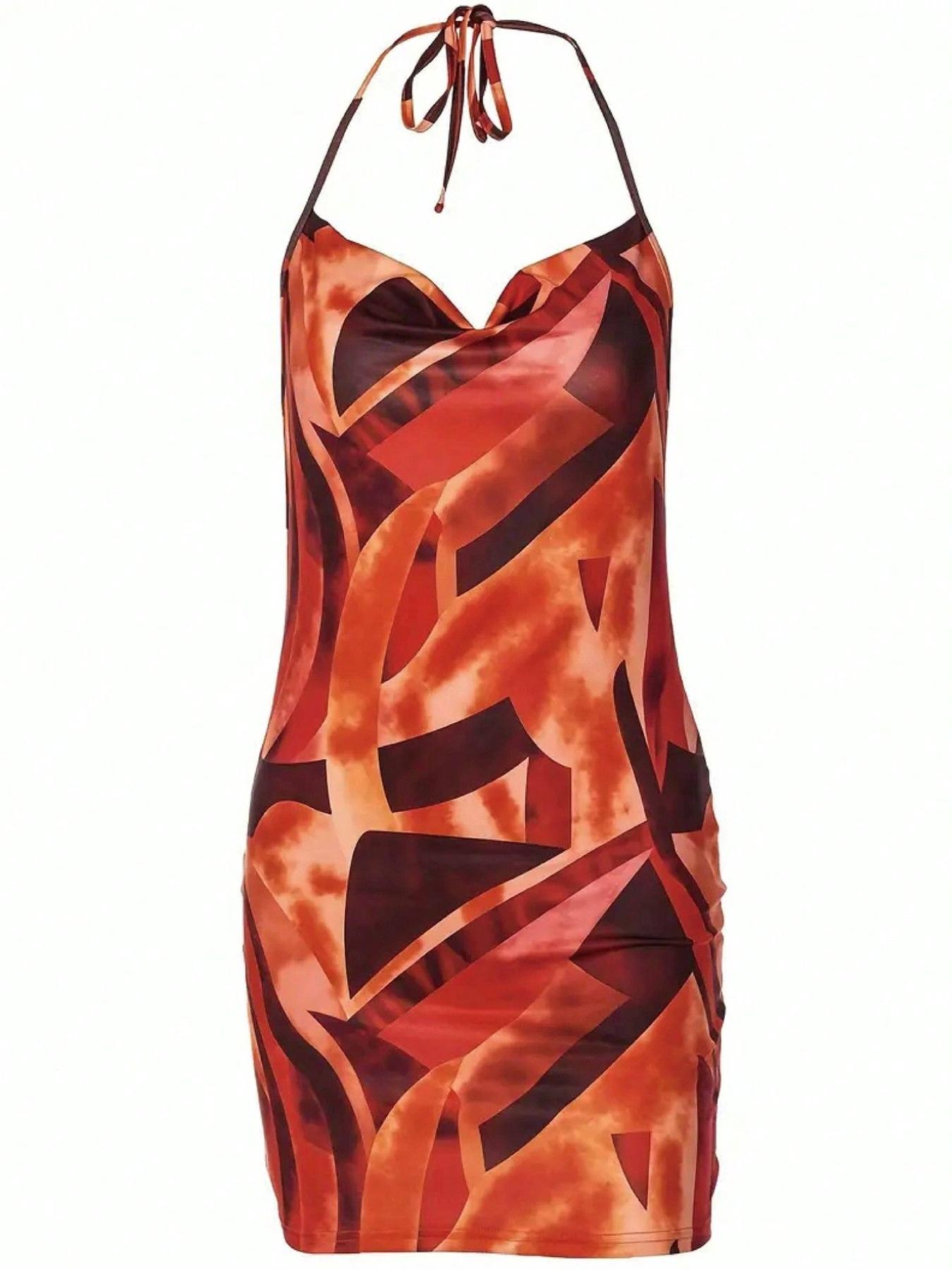 A set of women's casual contrasting printed neck hanging dress with a spicy girl style deep V slim fit hip hugging short skirt for vacation and dating, suitable for summer, suitable for home, indoor, and outdoor wear