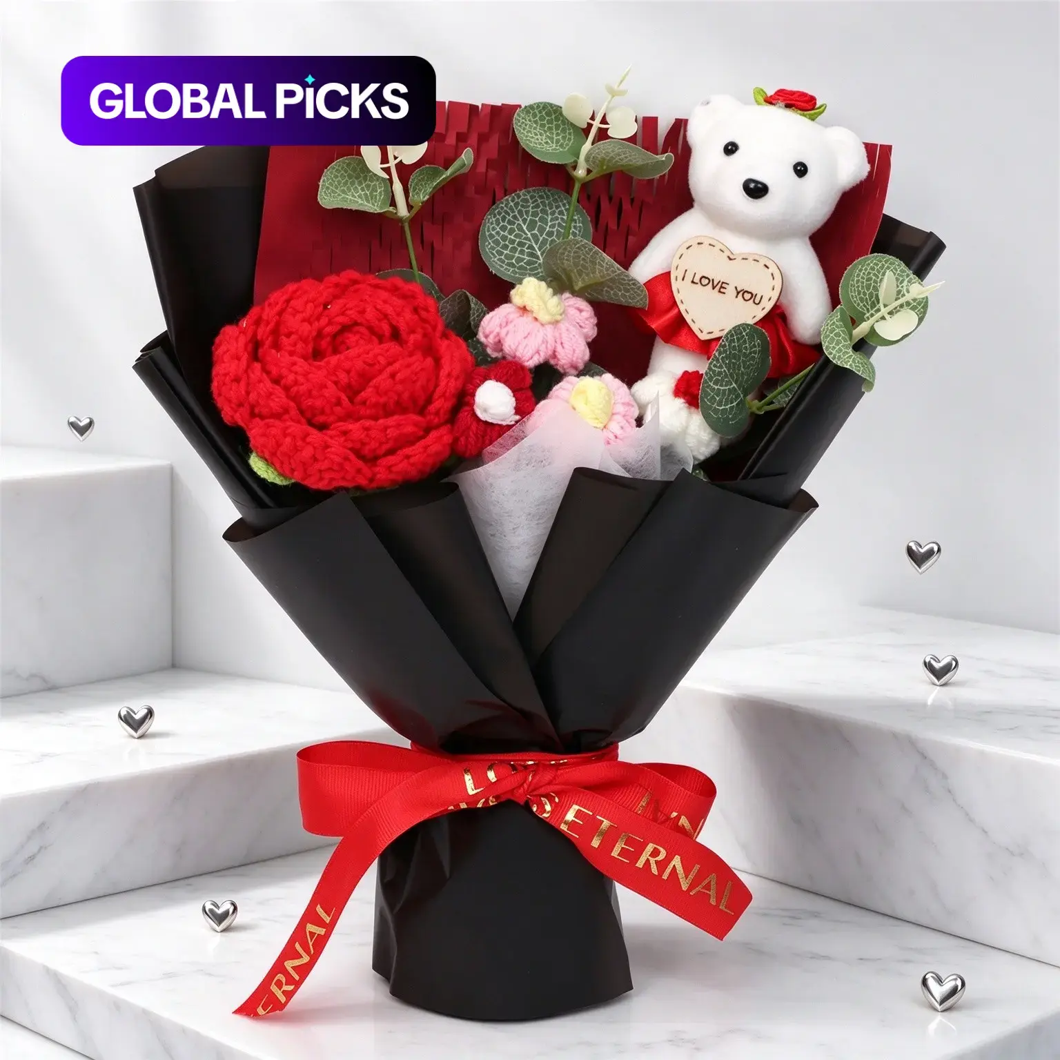 Handmade Yarn Woven Rose Bouquet, Mixed Colors, Valentine's Day Gift, Anniversary Present, Various Styles Available #GLOBAL PICKS