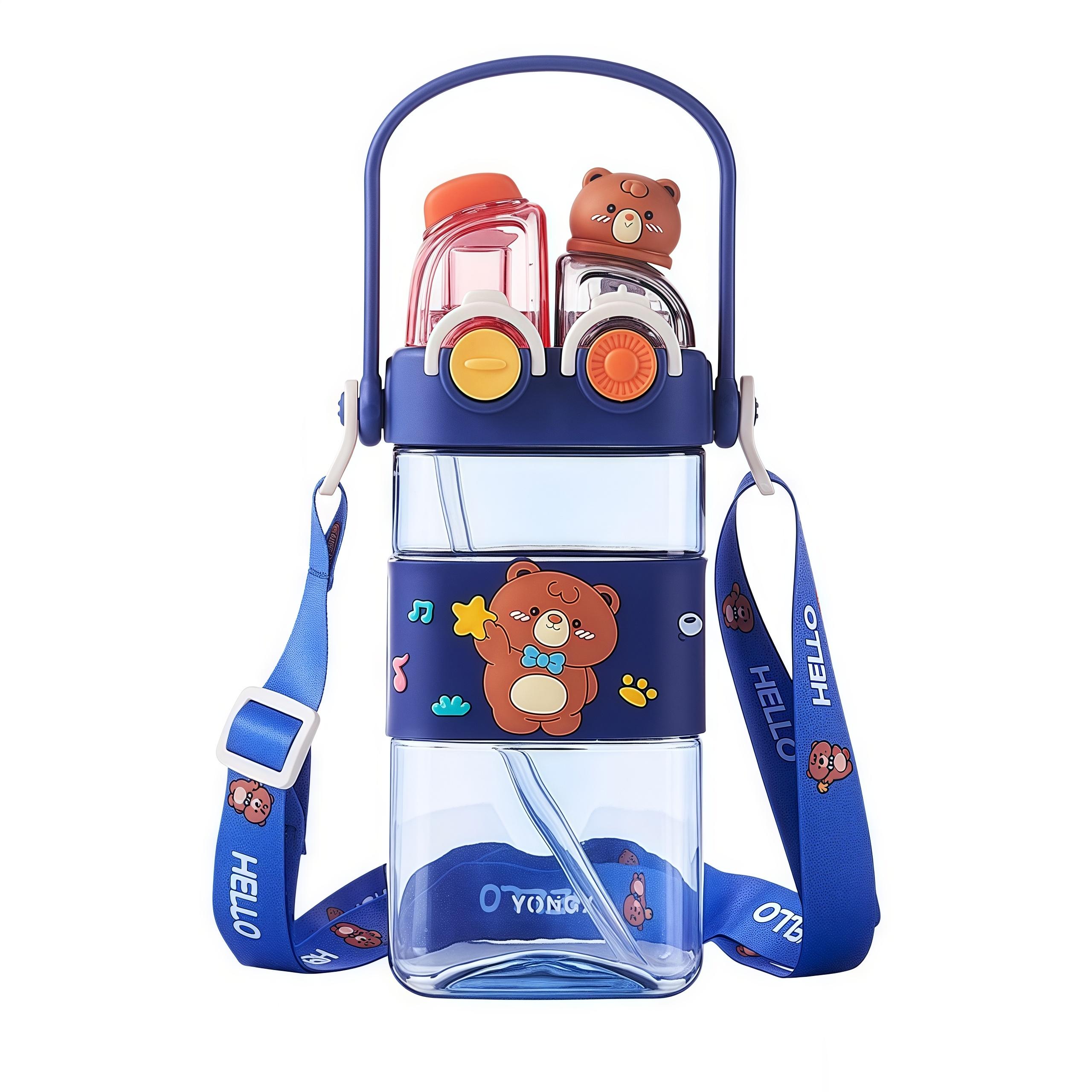 UFORU Press-type bear water bottle,19.61oz Portable outdoor sports water bottle PP material, heat insulation, drop resistance, no peculiar smell,design for  Boys and Girls, outdoor and home Mug Bottled Reusable Cup Drinkware Lid Straw Washable Kids
