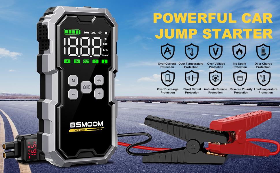 16800mAh BSMOOM [5-in-1] Portable Car Jump Starter with Air Compressor(All Gas/10.0L Diesel),With Tireinflator, 12V AutoBoost BatteryCharger Jumper Box, Rapid Charger with LEDScreen Vehicle Automotive