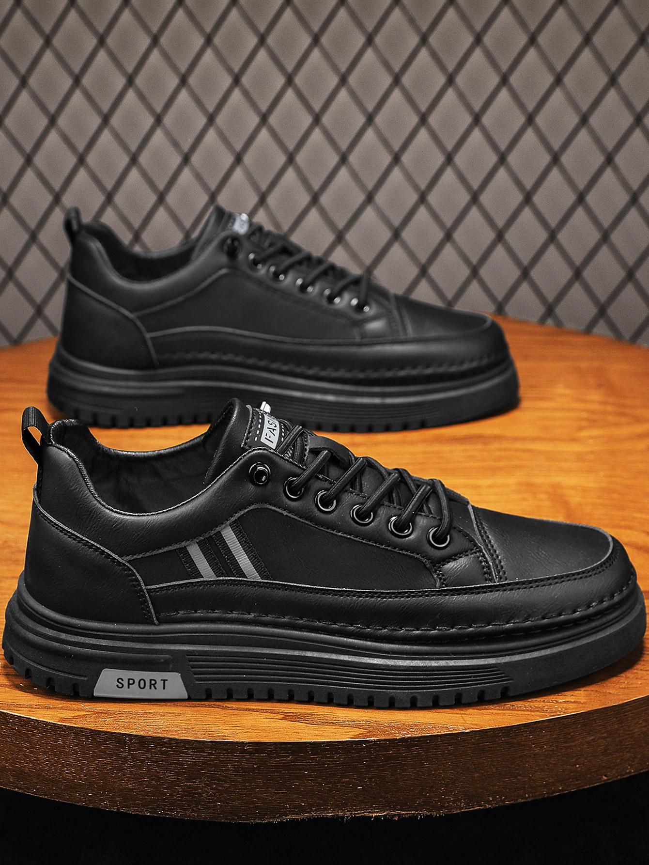 Men's Summer Thick Sole Sneakers, Simple Striped Casual Board Shoes, Soft Leather Breathable Lightweight, Height Boosting Slim Fit, Versatile Daily Wear