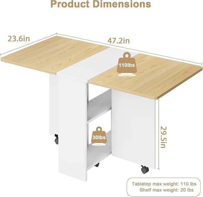 Space Saving Folding Dining Table with 2 Tier Storage-Extendable Drop Leaf Farmhouse Wood Kitchen Dining Room Tables Set for 4, Collapsible Expandable Rectangle Dinner Kitchen Office Furniture