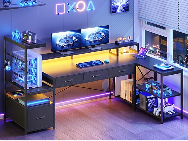 SEDETA 59Inch L Shaped Gaming Desk with PC Display Stand, Reversible Computer Desk with Storage Shelves, 4 Drawer & LED Lights, Modern Gamer Desk Table with Power Outlet, Monitor Stand