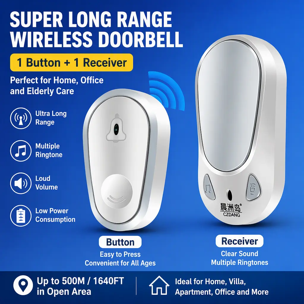 Wireless Caregiver Pager & Door Chime, Wall Mounted Door Bell, One Click Call Alert for House, Apartment, Villa