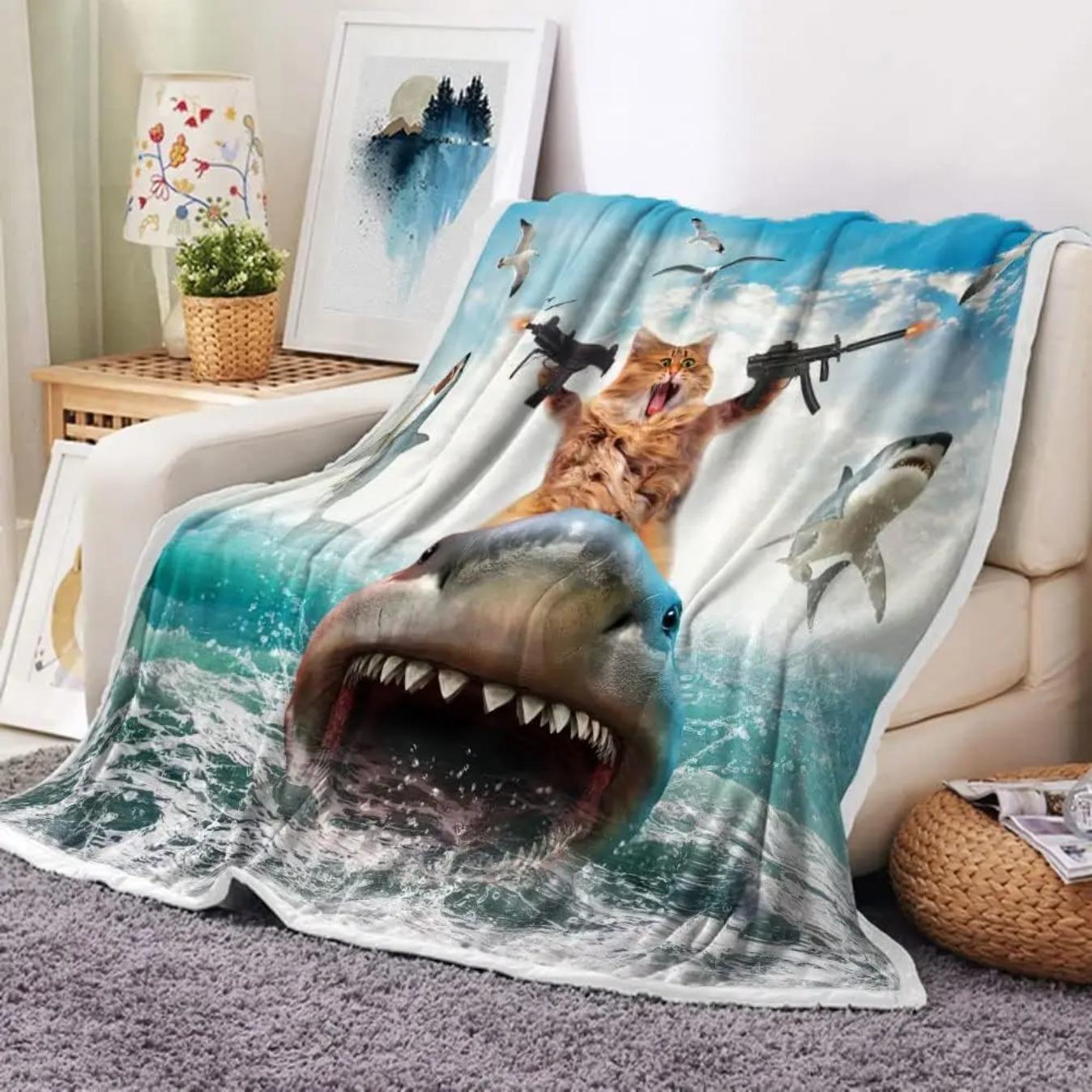 FFunny Cat Throw Blanket for Kids Farmhouse Cool Cat Riding Shark on Blue Ocean Fleece Throw Blanket Soft Cozy Lightweight Couch Sofa Bed Blanket, Cute Animal Blanket, TikTok Made Me Buy It, Christmas Birthday Gift, Home Decor Gift for Kids