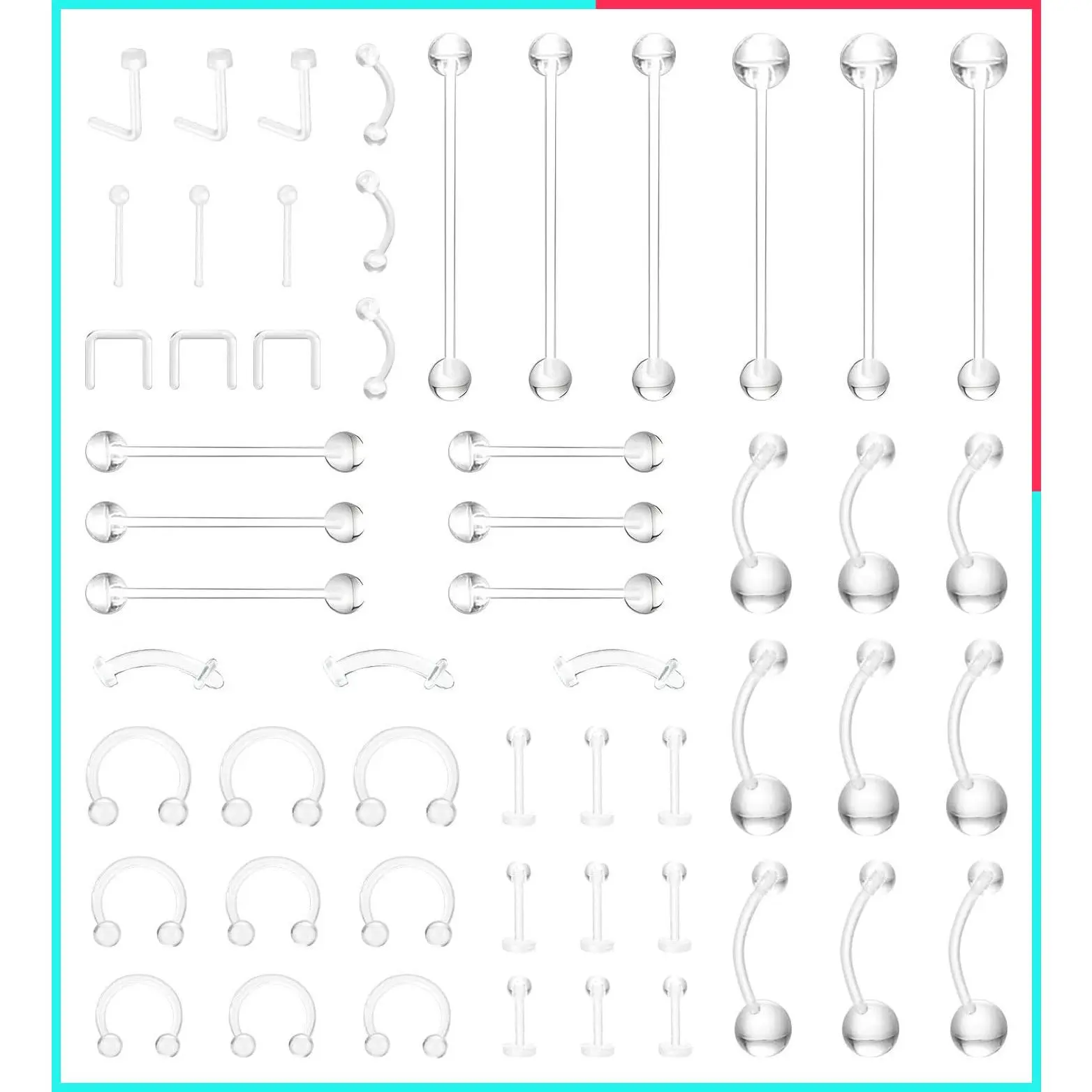 54PCS Hypoallergenic Clear Plastic Piercing Retainers for Surgery & Work - Multi Gauge Body Jewelry for Nose, Ears, Lip, Tongue, Belly Button, Eyebrow, Cartilage Piercing