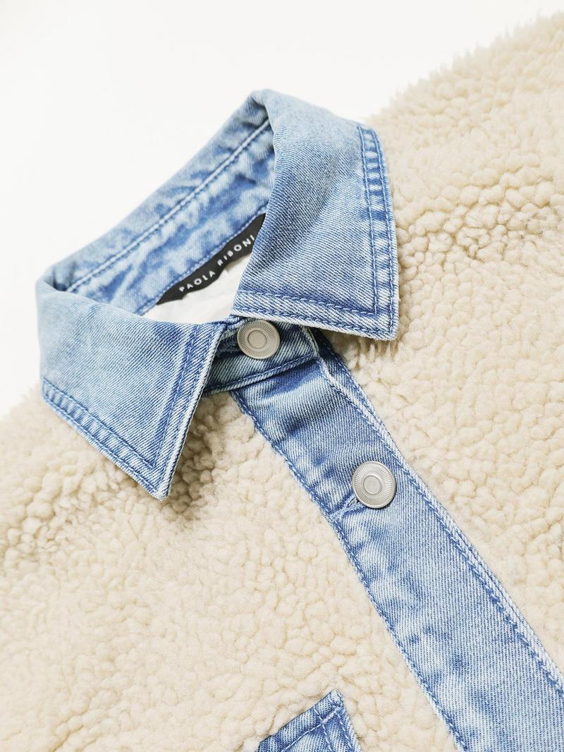 Women's Long Sleeve Loose-Fitting Casual Jacket, Teddy Velvet Patchwork Design, Perfect for Daily Wear & Stylish