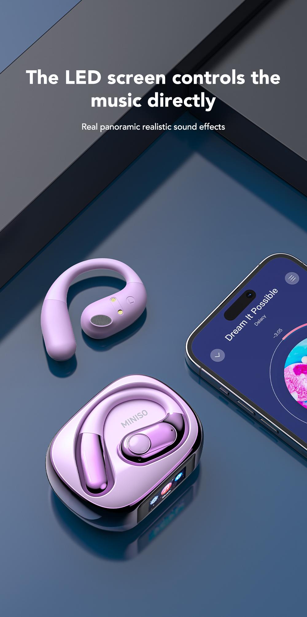 MINISO ms193 True Wireless Earphones,LCD Full Color Display Charging Case,OWS Open Ear Headphones Waterproof Bluetooth Earbuds,Support Playing Music Gaming