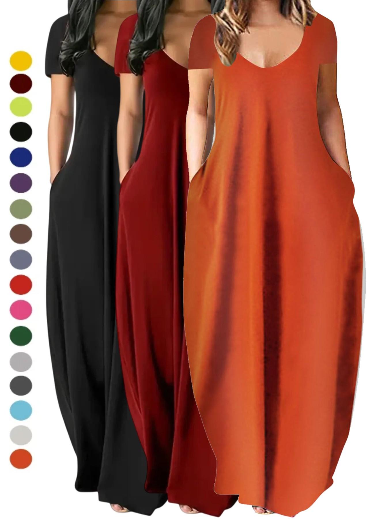 Women's Summer Beach Vacation Casual Sundress, Sexy Deep V-Neck Design with Pockets, Loose-Fit Short Sleeve Plain Style