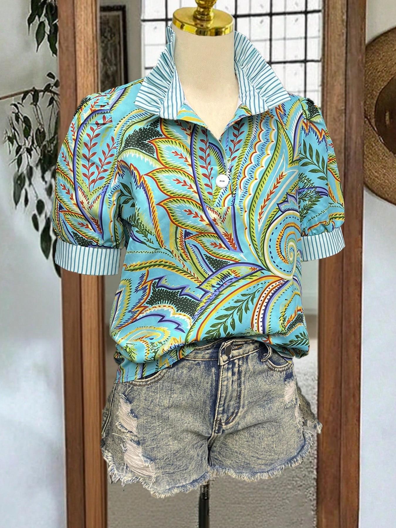 Vintage Paisley Print Blouse Shirt for Women - Spring Summer Casual Half-Open Front Top with Striped Collar