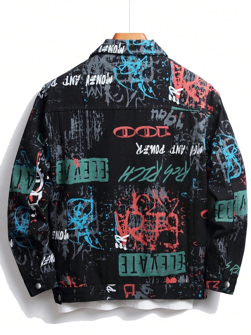 Men's Graffiti Letter Print Denim Jacket, Loose Casual Street Comfy Long Sleeve Outerwear for Daily Wear, Menswear for All Seasons, Coats