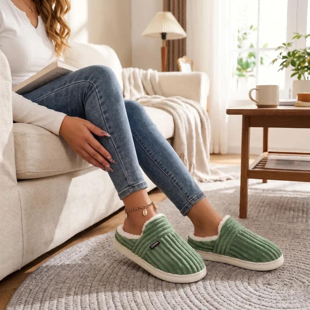 XRAVII Women's Ribbed Corduroy House Slippers - Warm Fleece Lined, Cushioned, Corduroy & EVA Sole, Slip-On Indoor/Outdoor Shoes, Round Toe