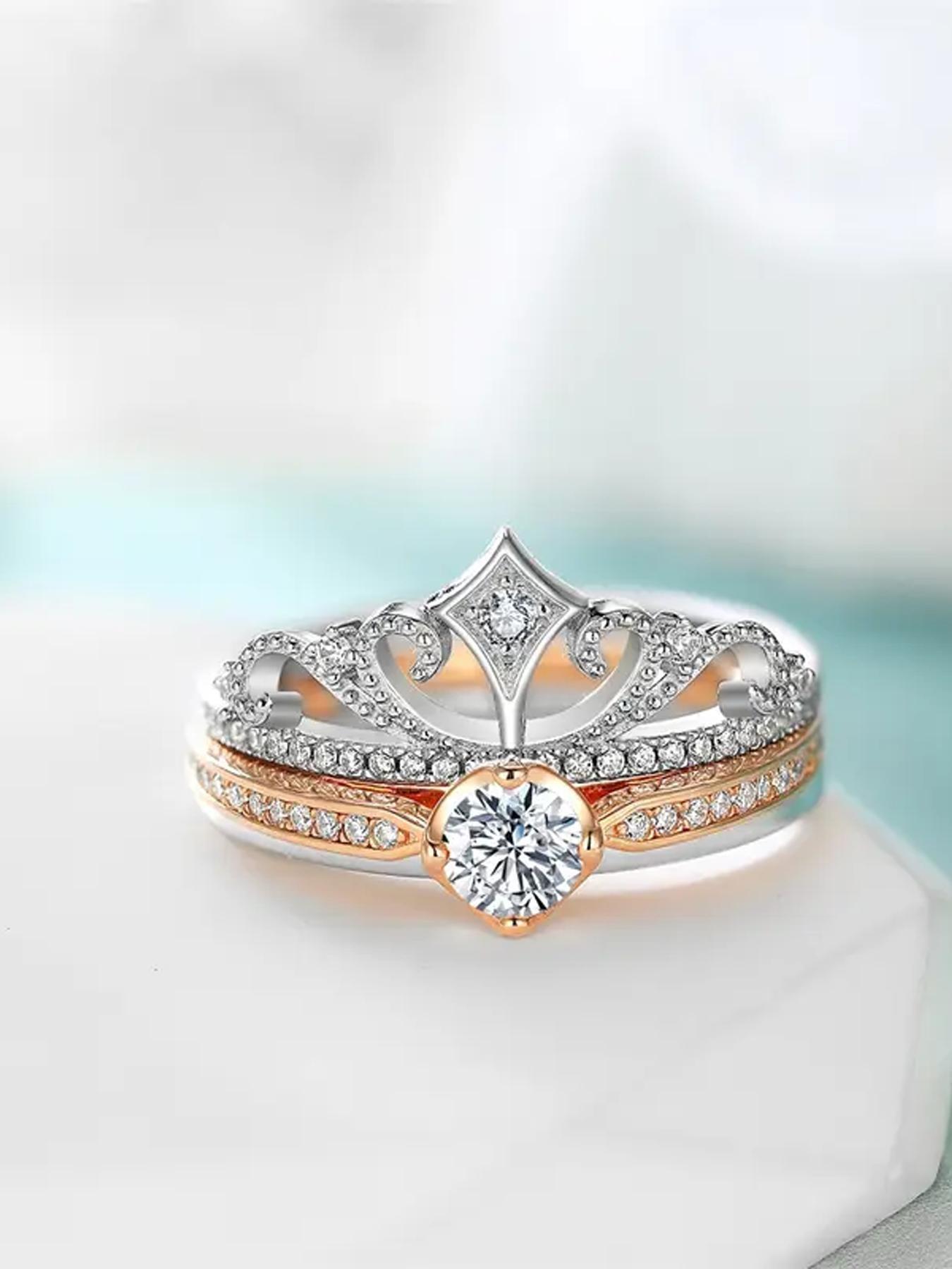 Fireworks Castle Ring Princess Sparkling Crown Ring Stackable Double-Layer Two-in-One Adjustable Rose Gold Versatile, Engagement/Wedding Ring, Exquisite Jewelry Gift, for Wife, Girlfriend, Family, Delicate Christmas, Valentine's Day, Anniversary Gift