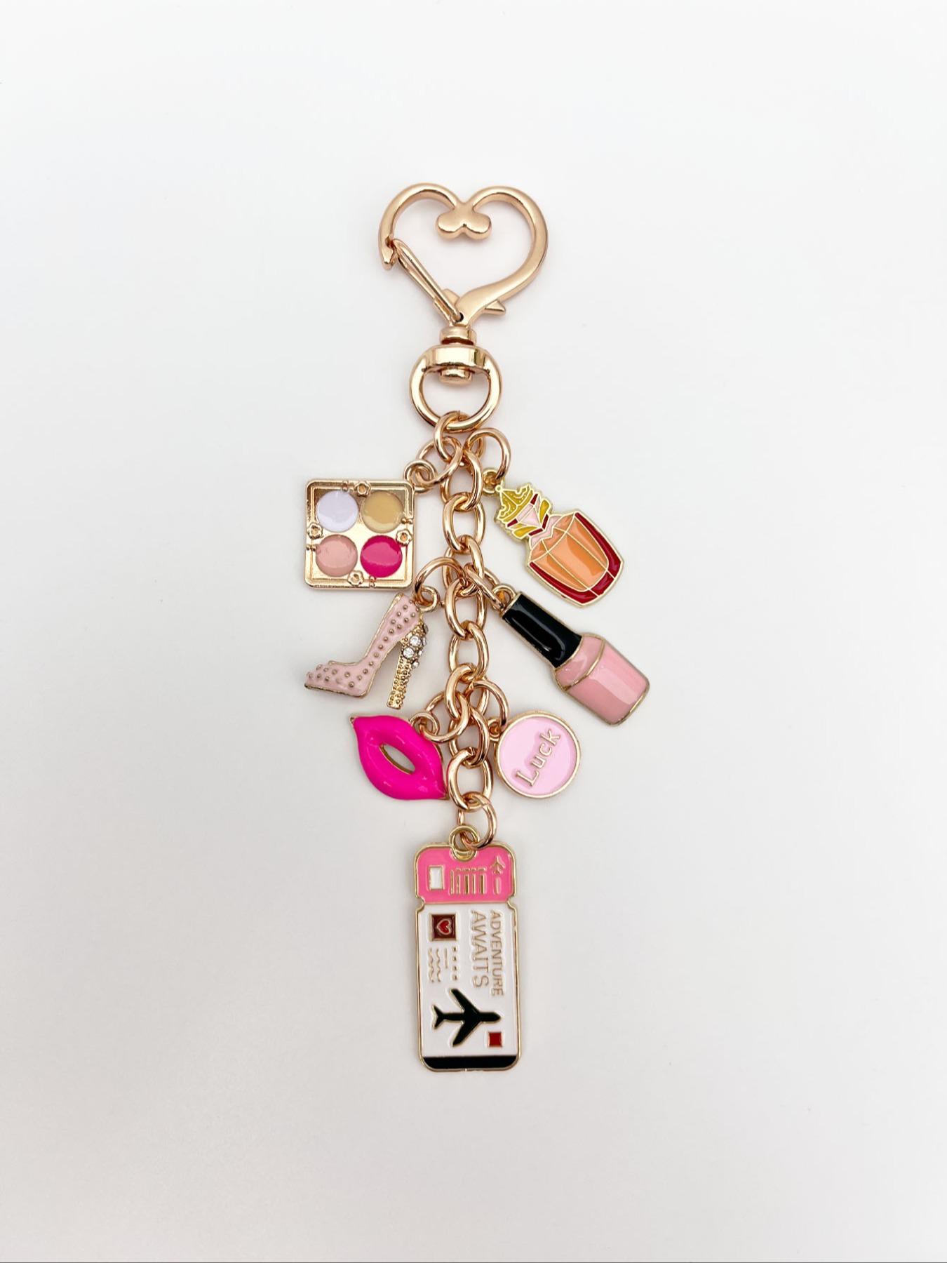 Travel Style Women's Keychain, Fashion Bag Charm, Lucky Makeup Bottle Accessory, Elegant Ticket Pendant, High Heel Shoe Decor, Wallet Ornament, Keychain Accessories, Key Ring Accessory