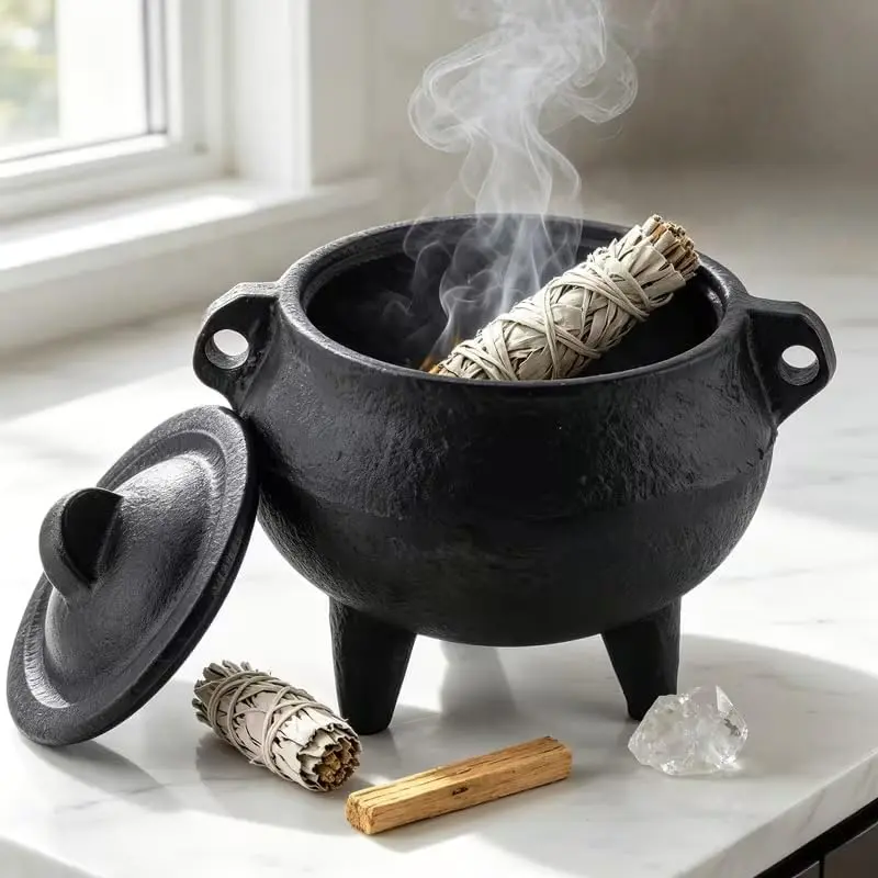 Cast Iron Cauldron Smudge Pot with Snuffer Lid, Three-Leg Burner for White Sage Palo Santo, Meditation Yoga, Black, Fragrance