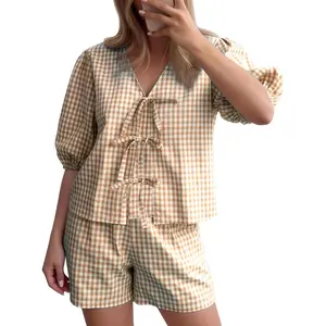 Women Gingham Short Pajama Set Y2K Tie Front Puff Sleeve Top High Waist 2 Piece Sets Summer Cute Plaid Pjs Loungewear