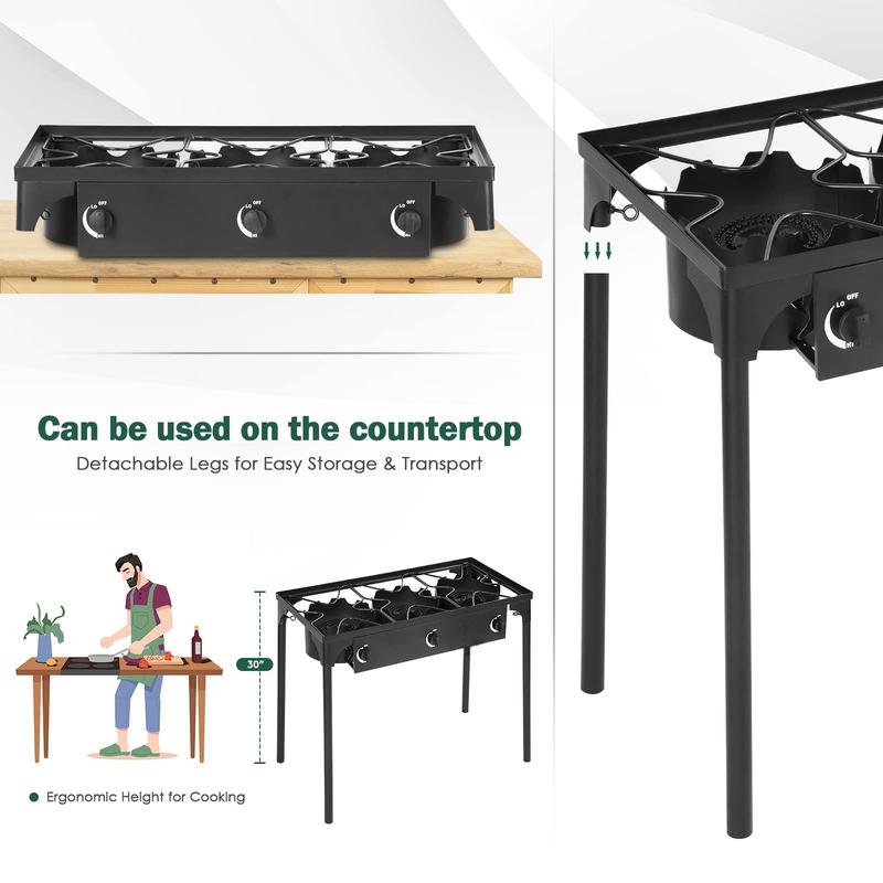 PineHome 3 Burner Propane Stove, 225,000 BTU High Pressure Outdoor Cooker with Cast Iron Head.Includes 0-20 PSI Regulator, Removable Legs for Camping, Tailgating, Home Brewing. PineHome 3 Burner Propane Stove, 225,000 BTU High Pressure Outdoor Cooker with Cast Iron Head.Includes 0-20 PSI Regulator, Removable Legs for Camping, Tailgating, Home Brewing.