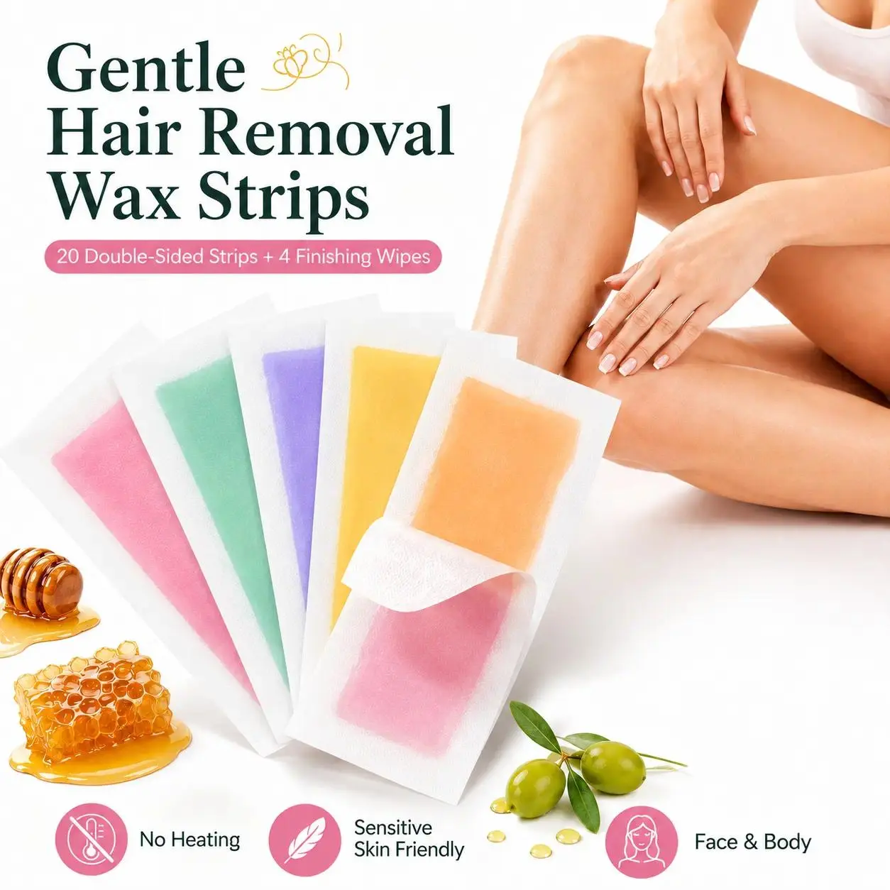 10 Double-Sided Strips & 4 Wipes Set, Gentle Cold Hair Removal Wax Strips, Exclusive Design, Random Color Sensitive Skin Friendly Kit, Fits Face And Body Curves for At-Home Grooming
