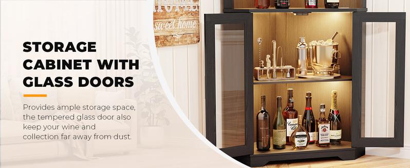 BROTTAR Corner Bar Cabinet with LED Lights, 65" Tall Wine Cabinet with Glass Holder & Tempered Glass Door, 4-Tier Liquor Alcohol Cabinet & Coffee Bar with Human Body Sensor for Dining Room, Black