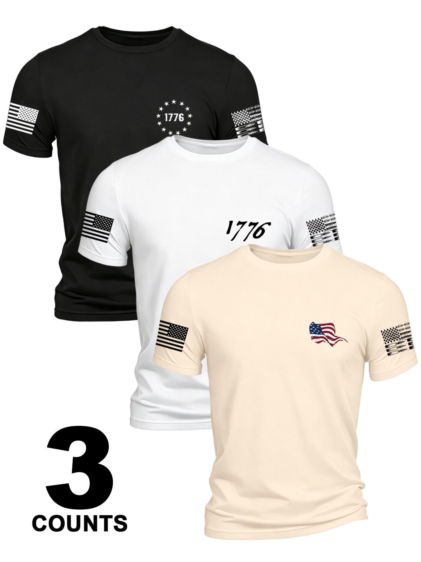 3-Pack American Patriotic Men's Short Sleeve T-Shirts, Casual Sports T Shirt, Comfortable and Durable Daily Wear, Perfect Gift for Him, Sporty Style Tops