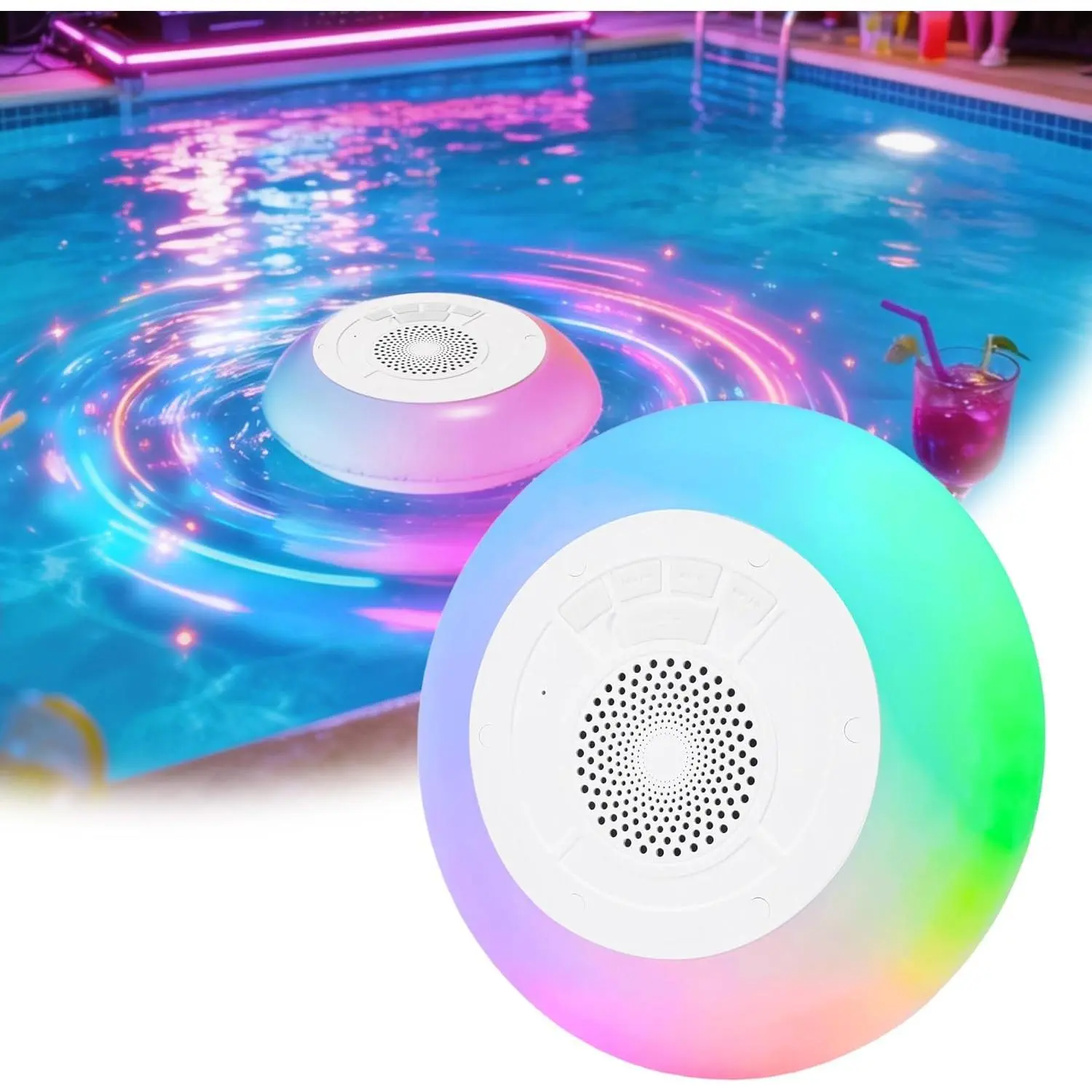 Floating Pool Speaker with Colorful Lights, IP68 Waterproof, Wireless Bluetooth, Built-in Mic, Surround Sound, for Outdoor Use and Hot Tubs (White)