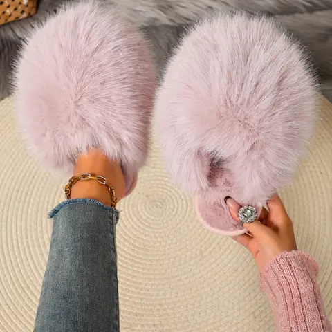 New Trendy Plush Fur Slippers, Super Cute Fashion Warm Home Shoes, Anti-Slip Thick Sole Cat-Feeling Cotton Slippers, Girls' Gift